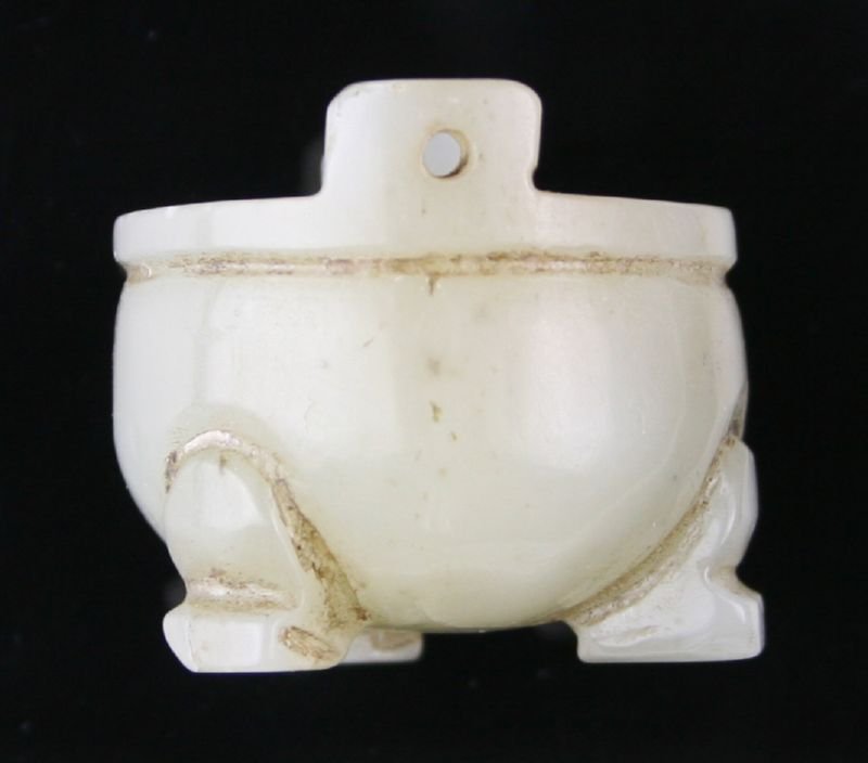 Antique Chinese Mutton Fat Jade Censer with Twin: Classic 3 legged tripod form. Early piece could be Early Ching or Late Ming Dynasty. Definitely antique. Highly polished. Very Pretty. Handles drilled for suspension. Measures 27 x 22mm. Weighs 18 gra