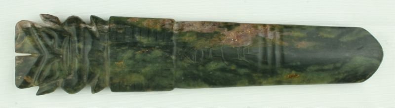 13 3/4" Chinese Greenstone Axe: Exact age unknown. Nice with godhead-top and glyphs.