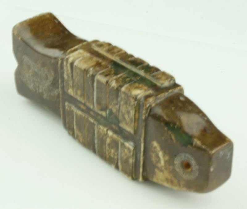 6 11/16" Chinese Fish Totem 'Kong': Ritualistic Kong of unknown age. Brown patinated Jade.