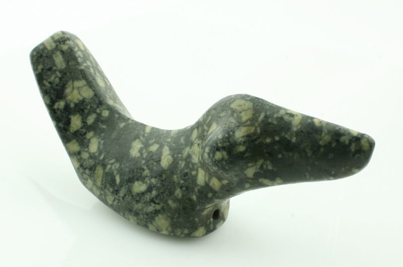 REPRO 4 1/2" Popeye Birdstone: Green/cream porphyry example. Marked 'Steuben Co., Indiana (4)'. REPRODUCTION.