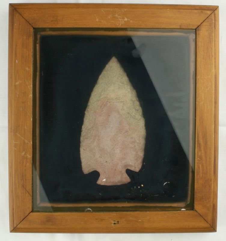 Decorative Framed Big 6 3/4" Hopewell Style Arrowhead: Point measures 6 3/4" X 3 1/2". Nice old 11" X 12" wooden and glass frame included. Ex- Ted kouba Collection. Sold as Decorative.