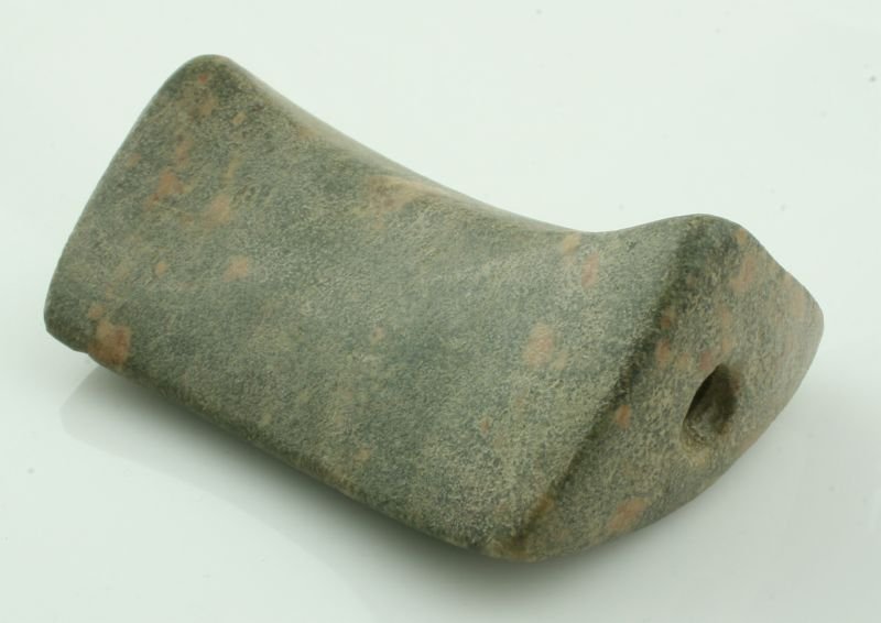 REPRO - 3 1/2" Saddle Bannerstone: Marked Calhoun Co., Illinois. Pink and gray porphyry. Reproduction.