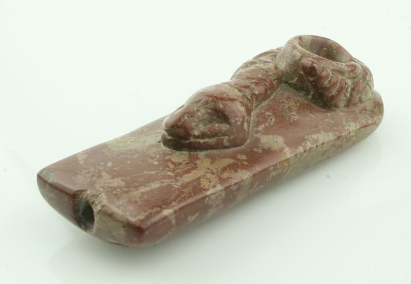 REPRO- 3" Snake Effigy Pipe: Red Pipestone marked 'Seneca Co., Ohio'