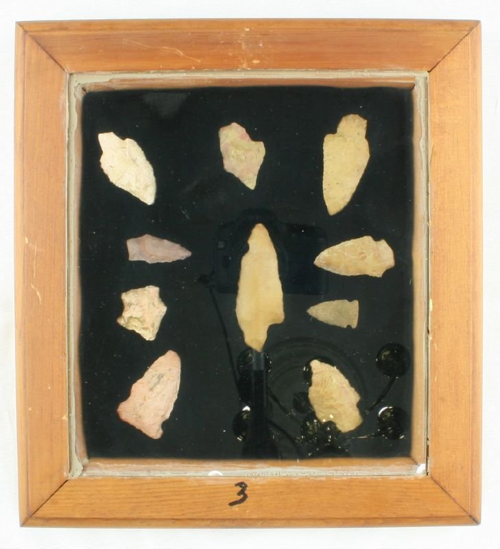 Decorative frame of Nine Birdpoints: Cahokia style and more. Says 2 from Missouri, 3 Wisconsin, 2 Texas, and 1 Arkansas. Nice old 11" X 12" wooden and glass frame included. Ex- Ted Kouba Collection. Sold as Decorative.