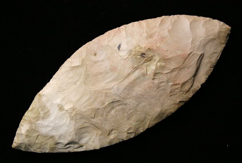 REPRO 7 5/8" Bipointed knife: Beige Chert example marked 'Mercer Co., Illinois' Reproduction