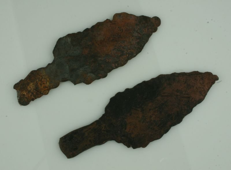 Pair of Hammered Copper Spears: Ex- Ted Kouba Collection. 5" and 4 5/8". Very thin. No known provenance.