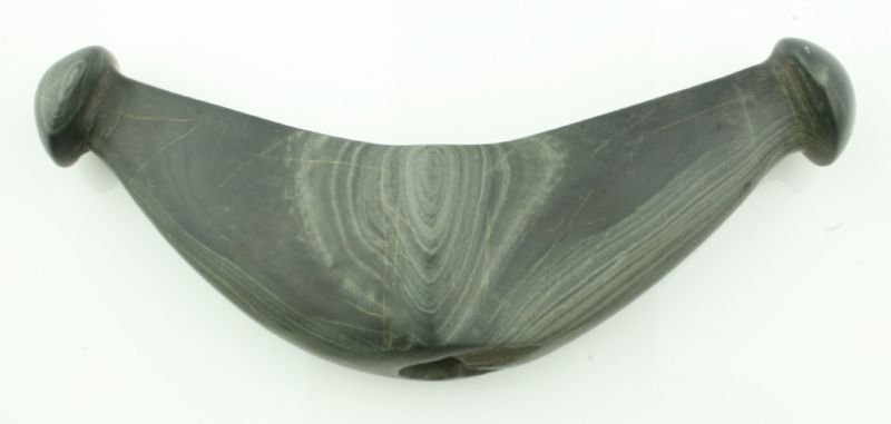 Repro- 2 3/8"x5 3/4" Knobbed Crescent Bannerstone: Green banded slate estate find. Marked Allegan Co., Michigan. Reproduction.