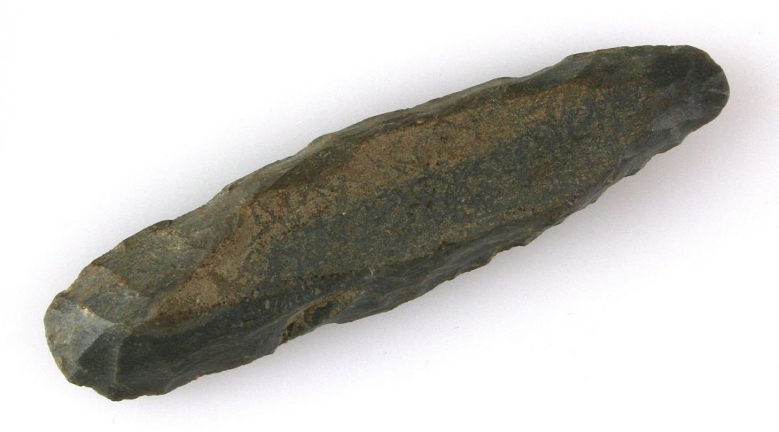 4 5/16" Flint Chisel: Kentucky Blue fossil chert with great use wear and mineralization. Rare type. Flaked on both sides.