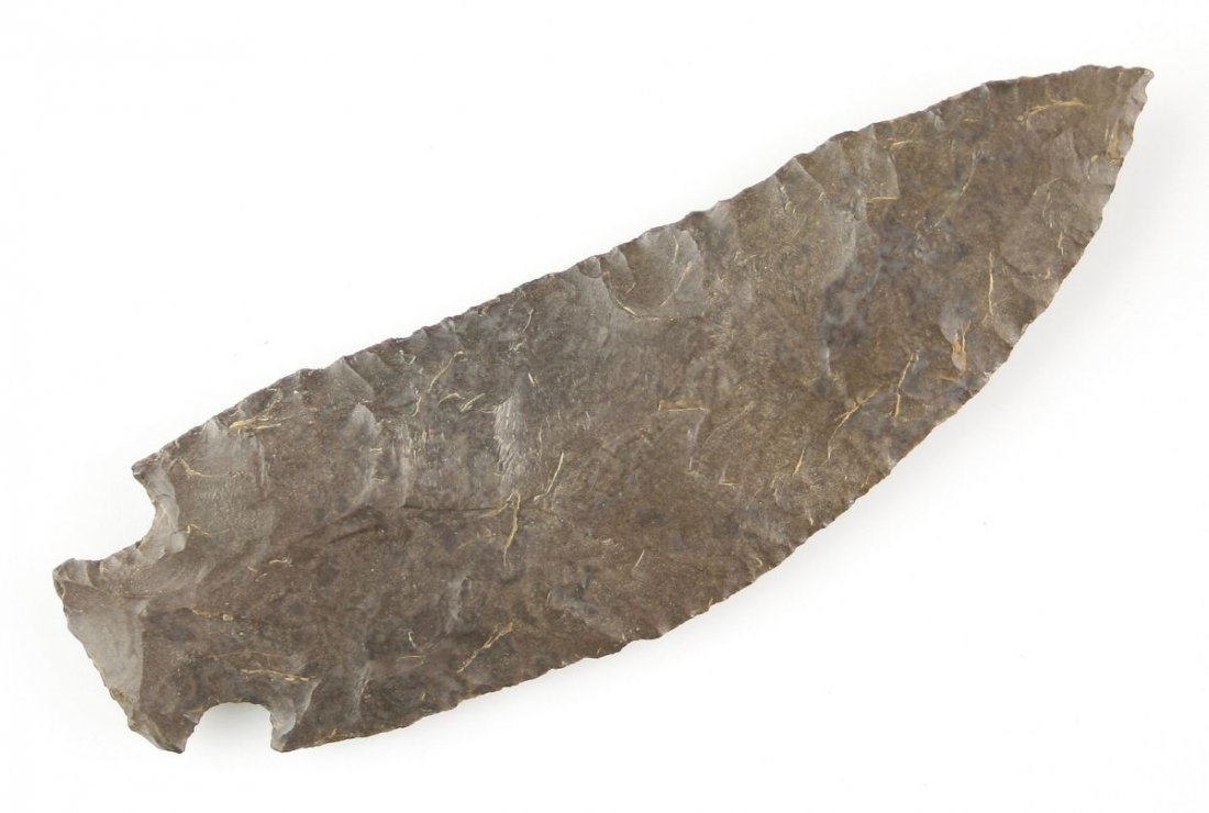 5 1/8" Curved (Benton) Knife - 3 COA's: Outstanding artifact. Tremendous eye-appeal, great size, thinness, flaking, and river stained color. From the personal collection of Gregory Perino which he sold to David Bogle. Perino, Baker G-10, an