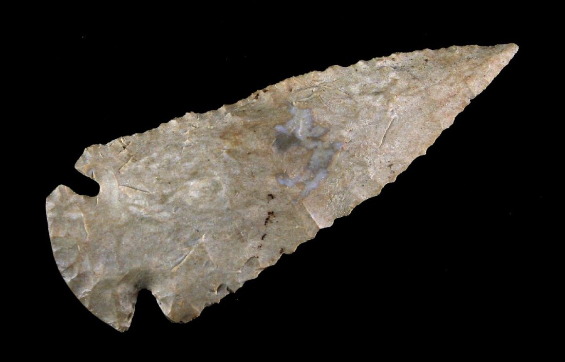 3 7/16" Dovetail: Fort Payne Chert. Nice flaking, serrations, and tip. Kentucky/Tennessee type.