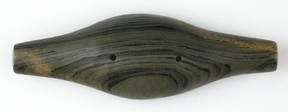 5 7/8" Adena Expanded Center Gorget: Green Banded Slate example from Madison Co., Ohio formerly of the Kersey Collection.
