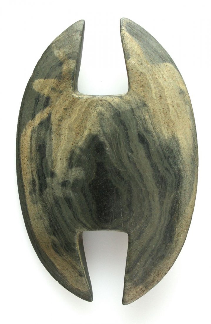 4 5/8" Notched Ovate Bannerstone - Jackson COA: Nice green banded slate example from Lorain Co., Ohio. Jackson COA. G-9/G-10 example.