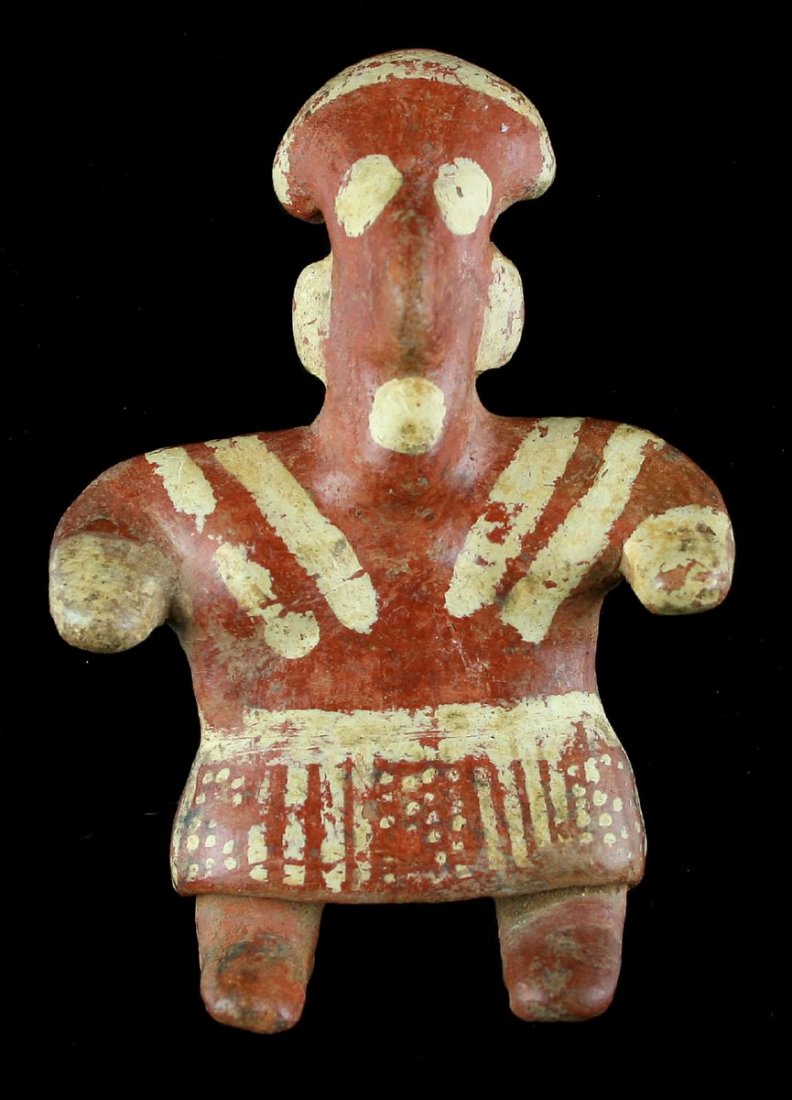Extremely Fine 4 9/16"Nayarit Figurine - Jackson COA: Vibrant intricate yellow paint on buff Pre-Columbian terra cotta. Statue in fabulous mint state condition, completely intact, and stable. Stands erect for display. Ex- Kalman & Coughlin Collections. N