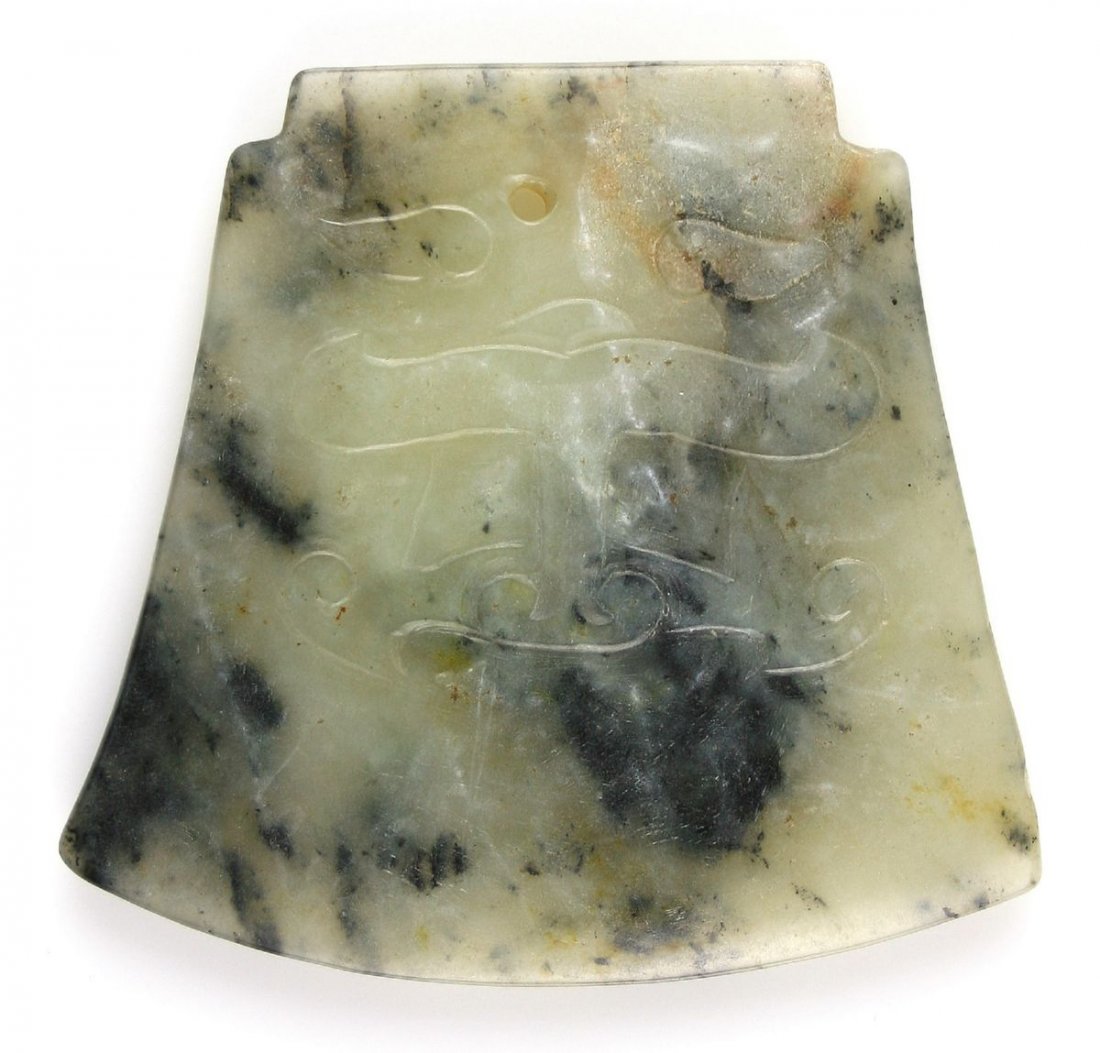 Beautiful 3 1/8" Chinese Axe Pendant: Appears to be Moss Agate but may be Jade. Highly translucent white with clouded areas. Really pretty. Drilled for suspension. Probably 20th Century. Definitely made in the antique style with classic i