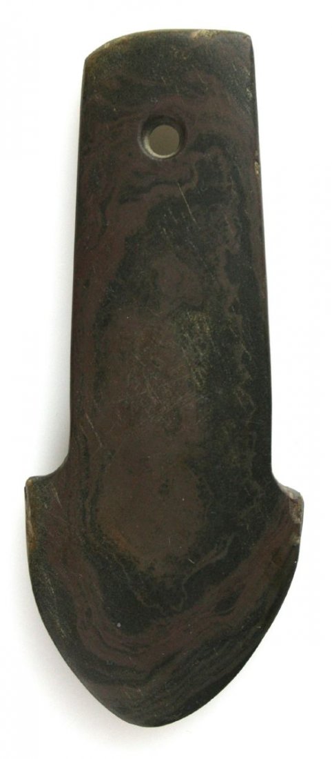 4 5/8" Shovel Pendant: Red Banded Slate example from Ohio.