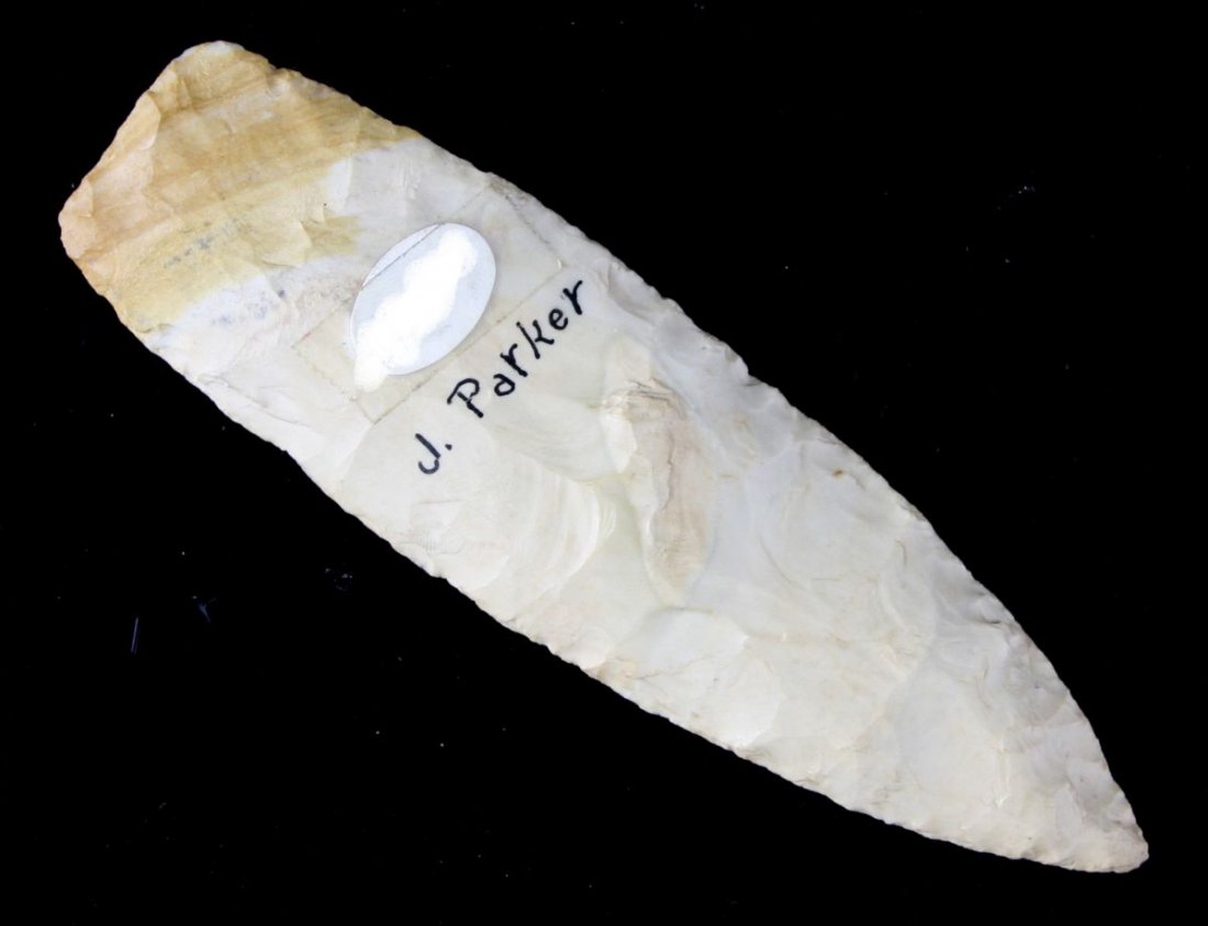 5 5/8" Archaic Knife - Ex - Cowan Hood. Jackson G-8 COA: Nice example from St. louis Co., Missouri formerly of the Cowan Hood and J. Parker Collections. Burlington Chert. Jackson G-8 COA.