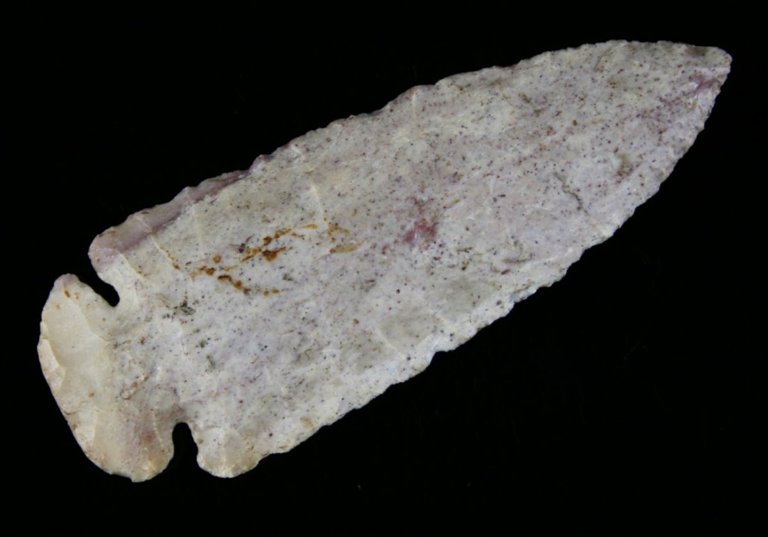 Outstanding 4 3/16" Dovetail - Perino & Jackson COA's: Excellent example. Great size, color (Burlington with pink and purples streaks), thinness, and symmetry. First stage form with light usewear on both blade edges. Found in Northeastern Missouri in the 