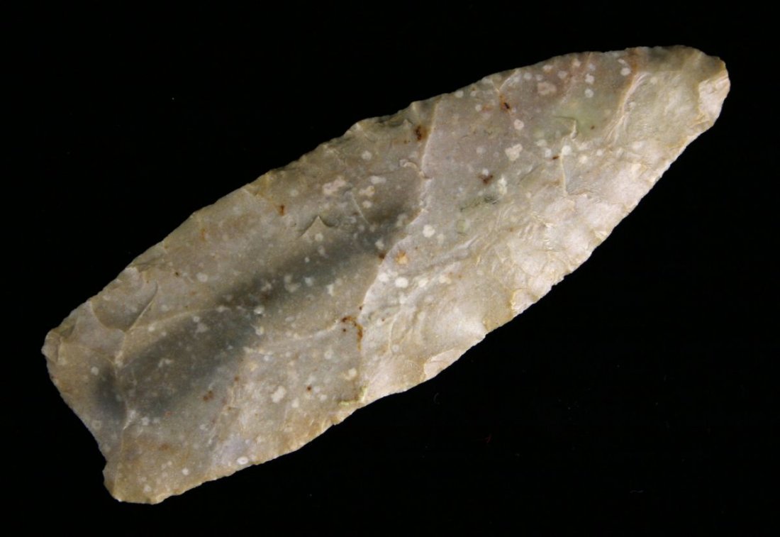 4 3/8" Clovis Preform - Perino & Partain COAs: Found by Terry White in 1968 in Rusk Co., Texas. Edwards Plateau Chert. Ex - Terry White, Sam Johnson, Bill Arnold Collections. Perino and Partain COAS.