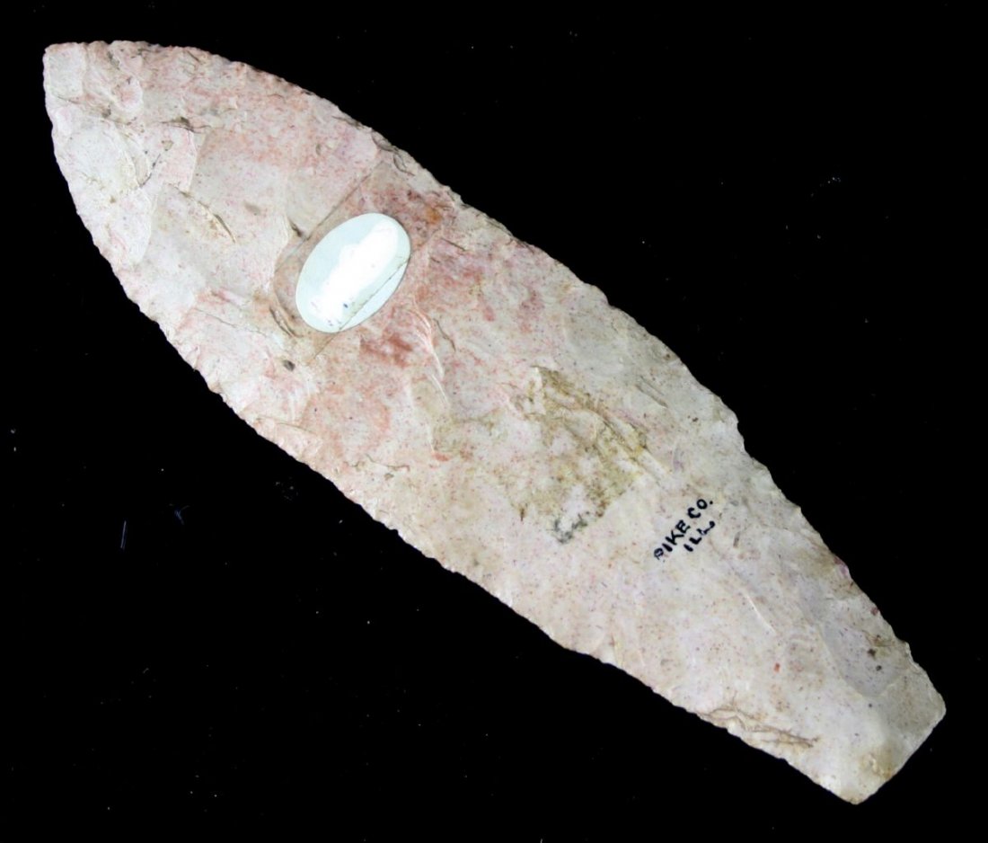 6 3/8" Ramey Knife - Ex Cowan Hood - Jackson COA: Nice example in strawberry Burlington chert. From pike Co., Illinois and formerly of the Cowan Hood Collection. Jackson COA.