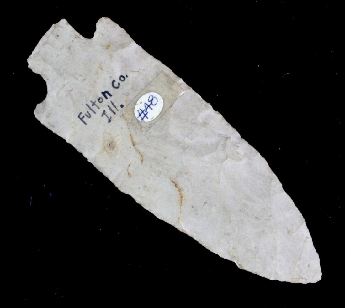 5 3/4" Etley - Jackson COA - Ex Cowan Hood: Large example found at the Dickson Mound group in Fulton Co., Illinois. Ex - Cowan Hood Collection and includes a Jackson COA. Burlington chert.