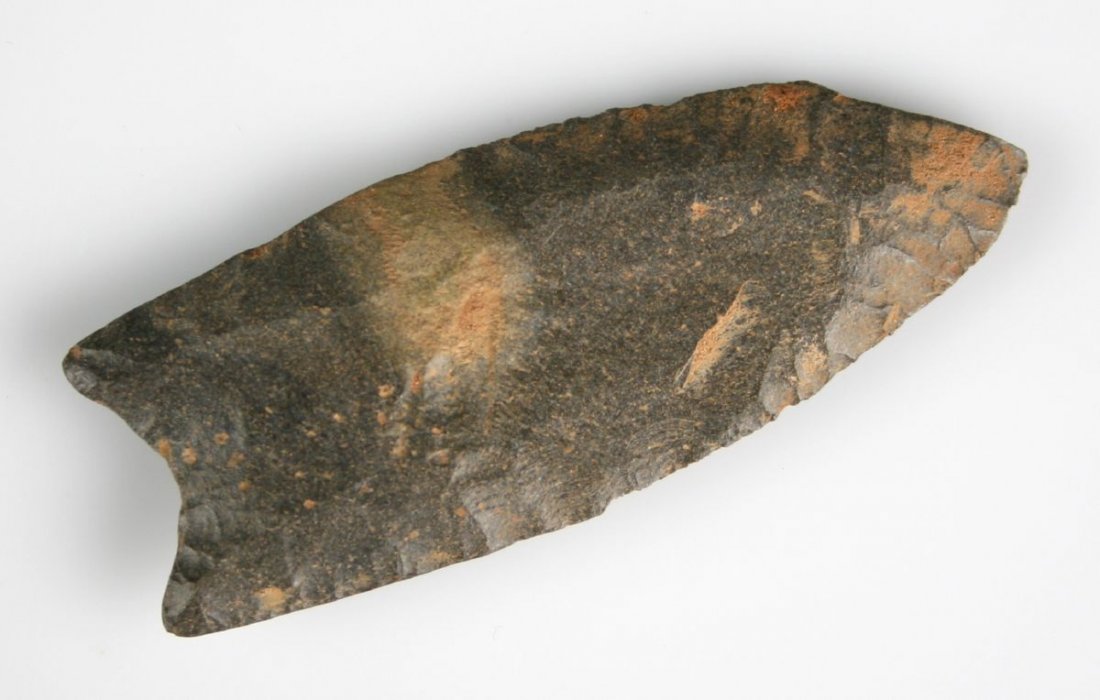 3" Clovis - Rogers COA: Nice example in gray fossil chert from Lampasas Co., Texas. Ex - Bill Arnold Collection. Burin tip. Rogers COA.