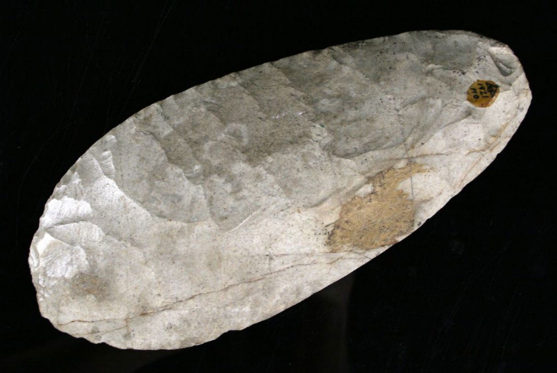 10 1/2" Flint Hoe: Missouri example with excellent bit polish and mineralization. Mill Creek Chert.