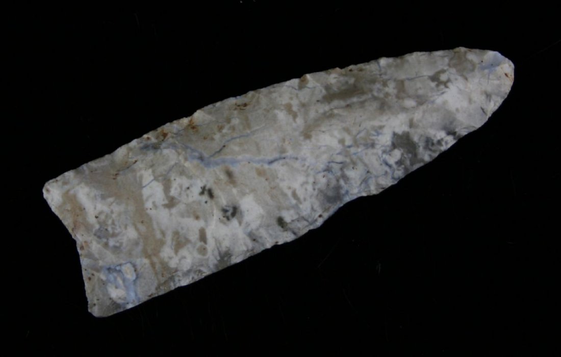 Beautiful 3 1/8" Clovis - Jackson G-8+ COA: High grade multi-colored glossy Jefferson City Chert with lots of quartz and baby blues from St. Charles Co., Missouri. Exceptional example. Loaded with appropriate mineralization. Fluted 40% on each 