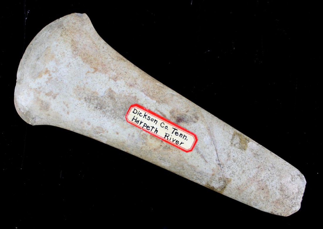 *Restored 8 3/4" Flint Spud/Scepter - Jackson COA: FANTASTIC polished flint spud from along the Harpeth River in Dickson Co., Tennessee that Cowan Hood acquired from Willis Tilton. Jackson COA. Restoration to poll and corner of bit.