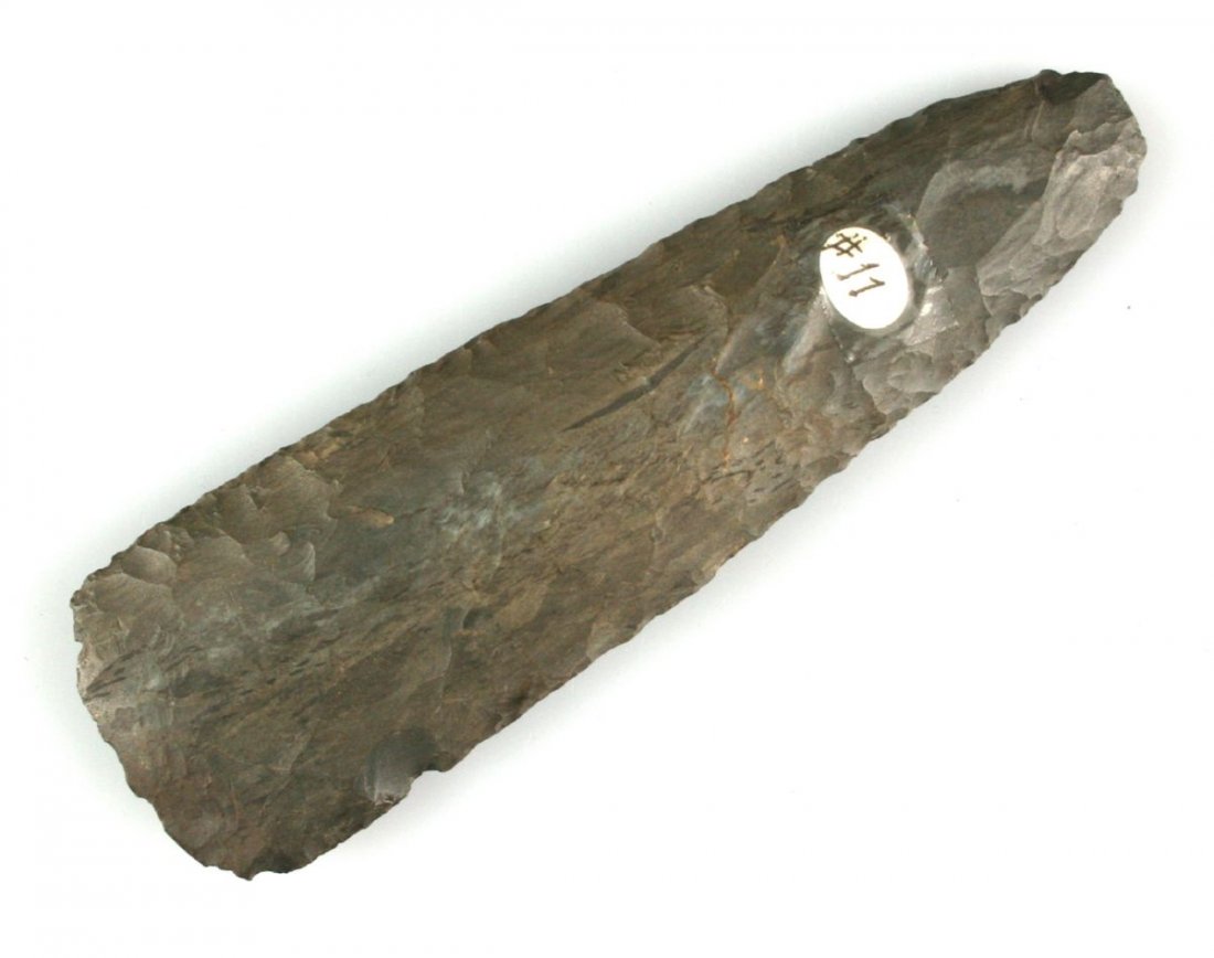5 13/16" Copena Flint Adze - Jackson COA Ex - Cowan: Dover chert example formerly of the Fain King, Dr. T. Hugh Young, Cowan Hood Collections. Found by Waggoner in Humphreys Co., Tennessee in 9/7/1964. Jackson COA.
