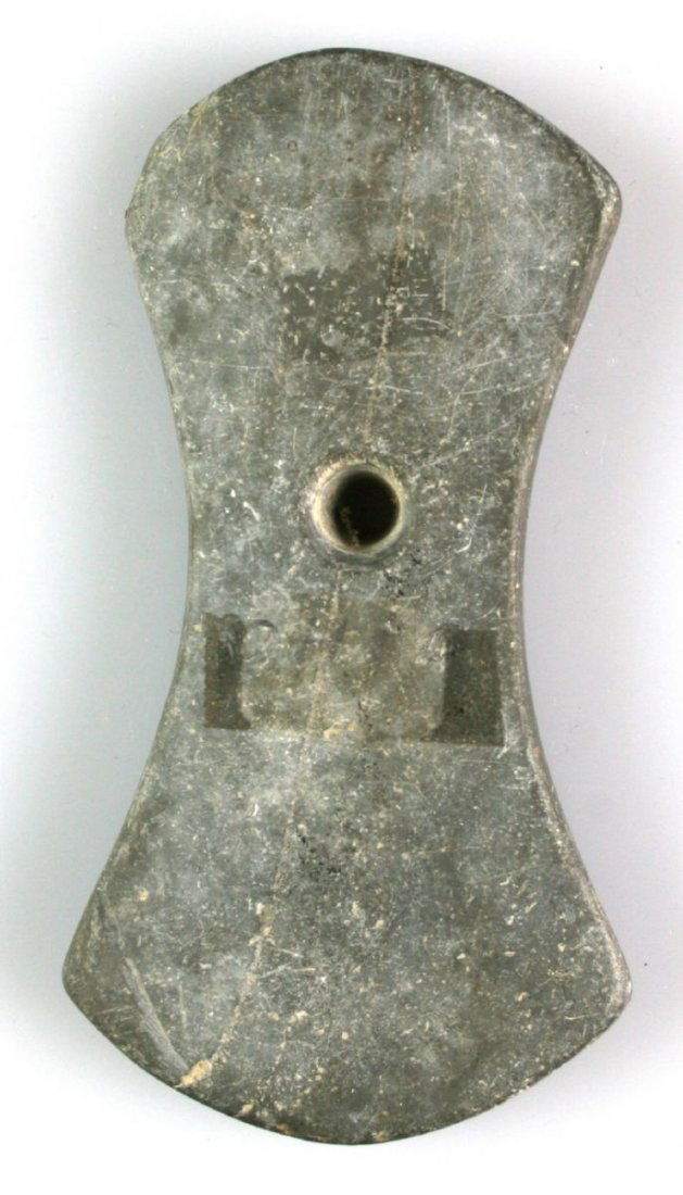 4 7/8" Adena Keyhole Pendant - Jackson COA: Nice Large example from Ohio in Green Banded Slate. Jackson COA. Ex - Cowan Hood Collection.