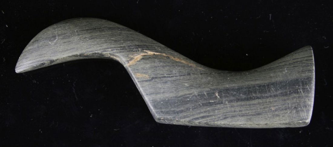 4 9/16" Birdstone: Ohio example in green banded slate. Recent estate find. Good wear through the holes.