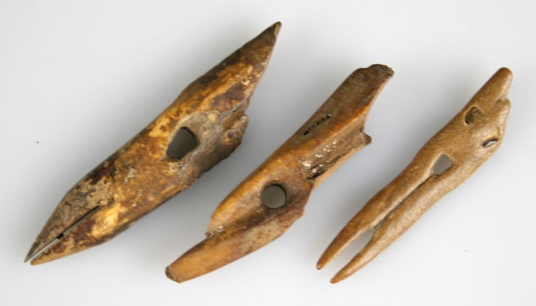3 Alaskan Inuit Harpoons Ivory & Bone: Two ivory, one bone example. No sales to California or international customers.