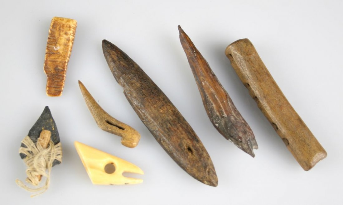 Alaskan Inuit Artifacts: Net Gauge, Fishing Lure, String Separator, Ivory Harpoon Tip, Ivory Foreshaft Insert, Arrowhead Tip. No sales to California or international buyers.
