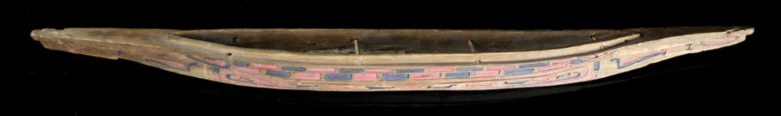 24 1/2" Haida Canoe: Really nice example with carved features. Appears to be late 1800's/early 1900's Carved from a very light wood.. Cedar or spruce? Northwest Coast masterpiece for display!