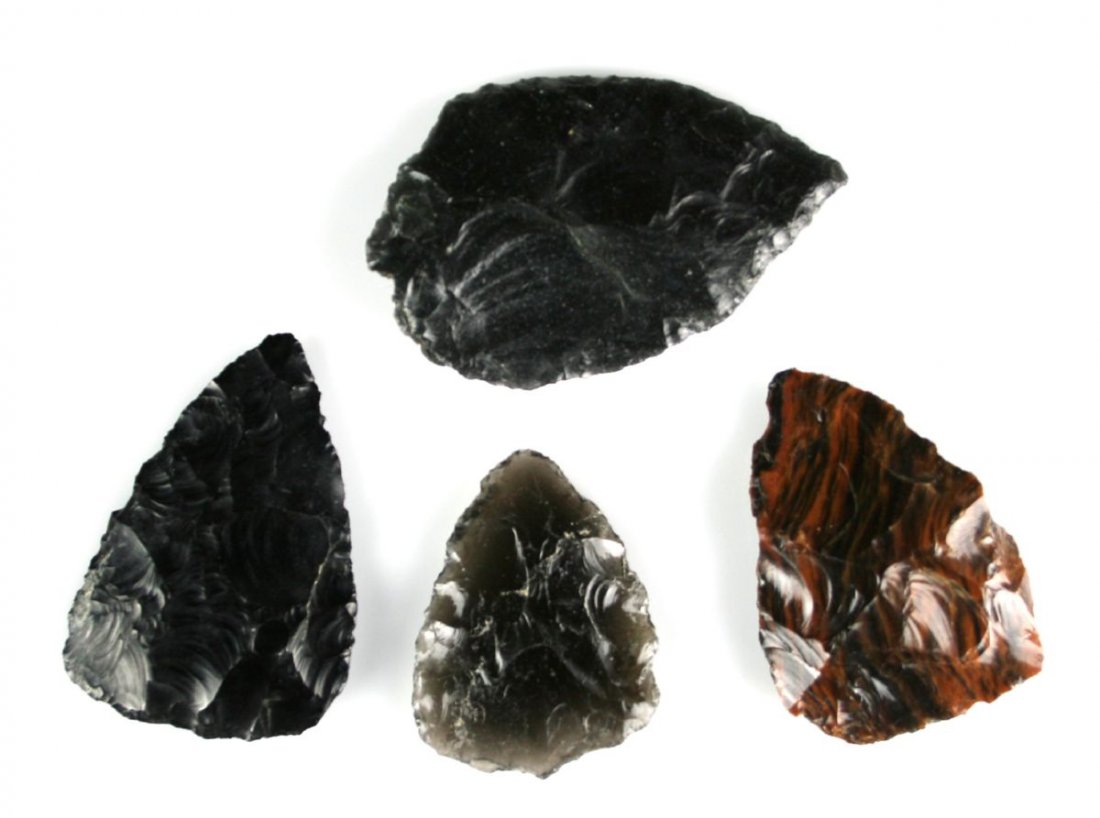 4 Nice Obsidian Blades: Longest 2 9/16". Oregon material formerly of the Reg Seely Collection collectoe between 1940-1965. Nice!