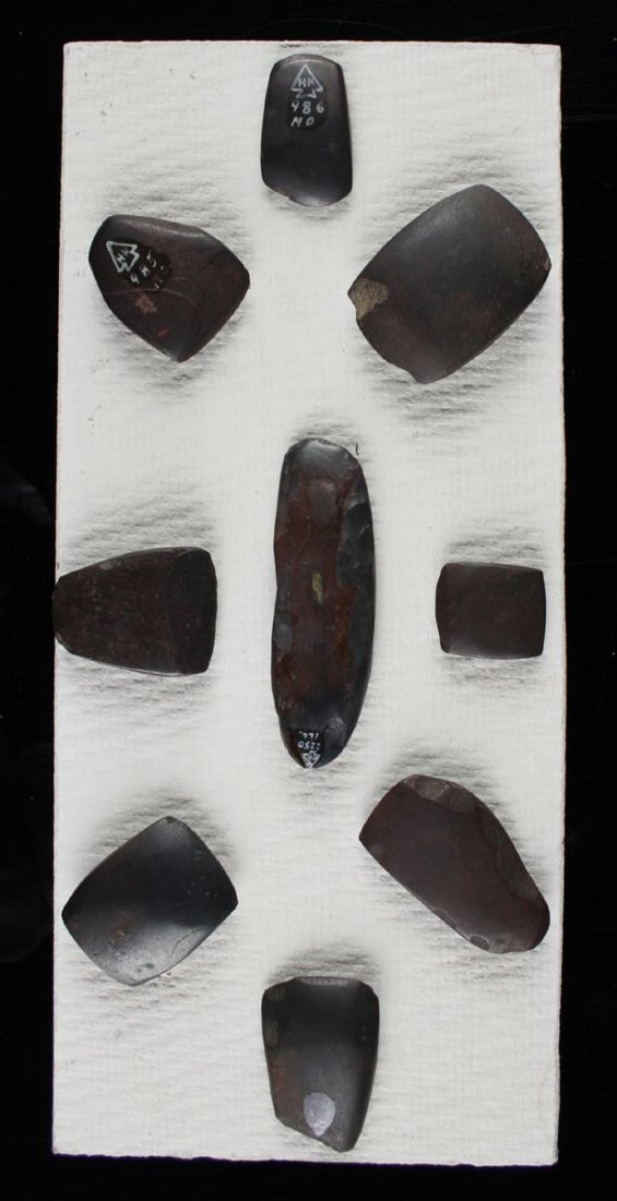 Superb Collection of 9 Hematite Celts: Largest measured 3 1/8". All Missouri. Note collector catalog #'s.