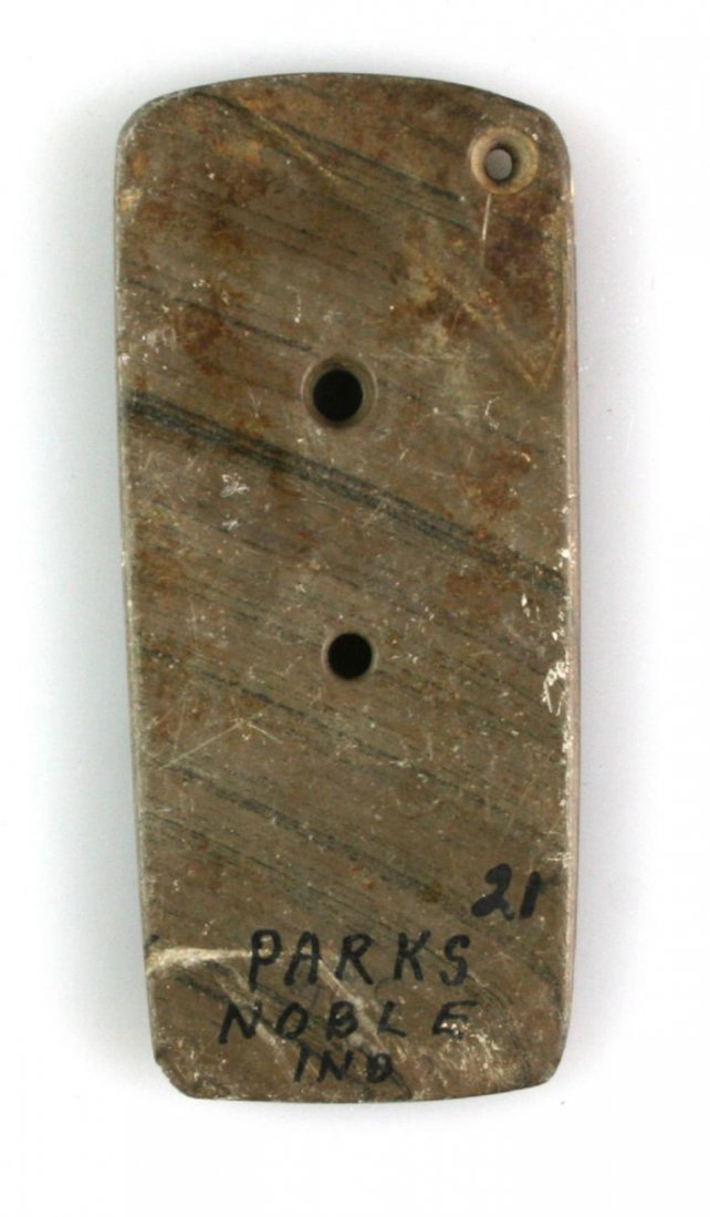3 5/8" Hopewell Rectangular Gorget - Jackson COA: Nice example in Green Banded Slate with Ochre Staining. Ex - Cameron Parks, Cowan Hood Collections and found in Noble Co., Indiana. Jackson COA. Triple Drilled!