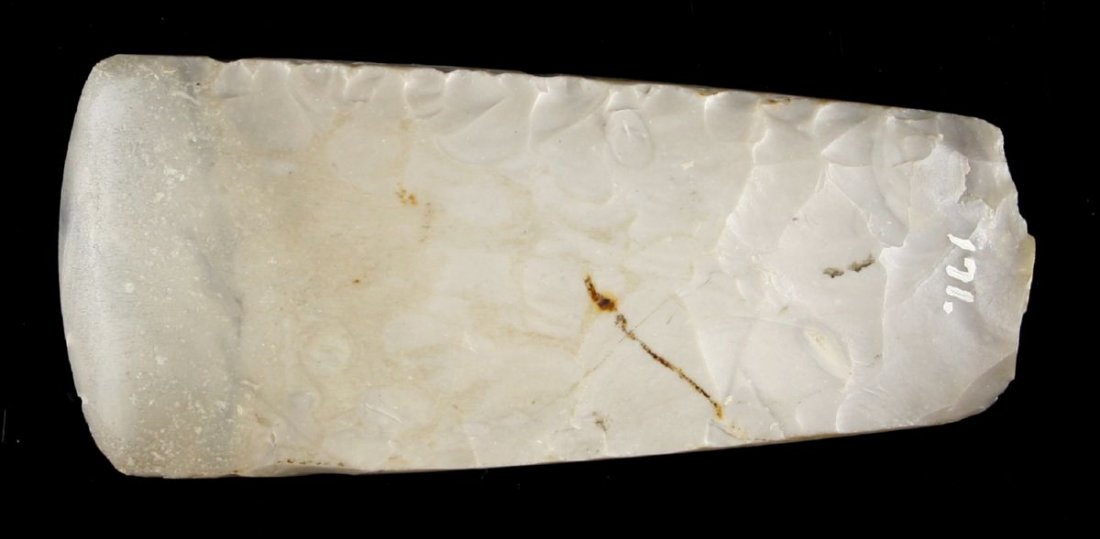 4 3/8" Danish Flint Celt: Nice classic example from Denmark in gray fossil chert.