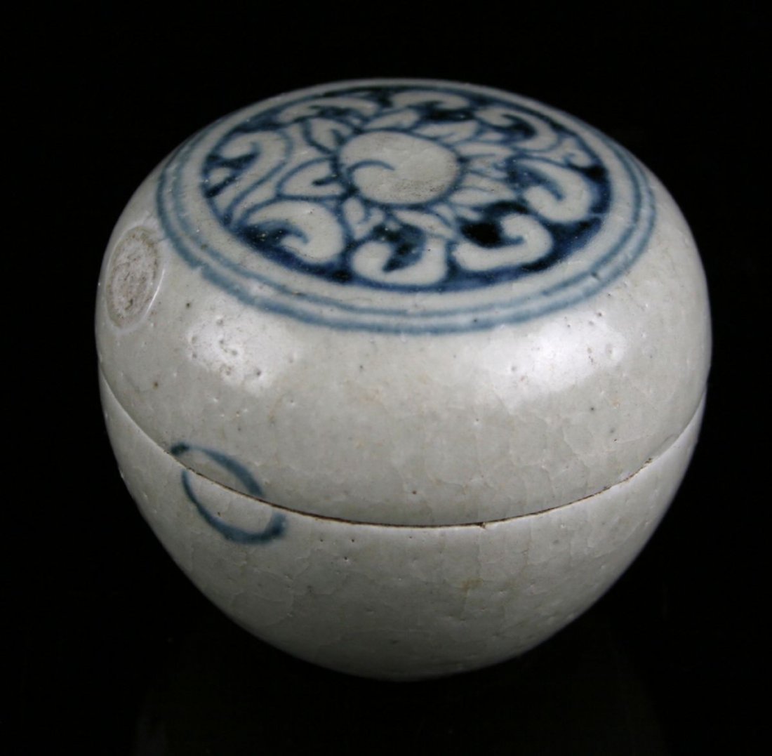 2" 15th Century Lidded Jar - Hoi An Hoard: Recovered from Vietnamese shipwreck off Hoi-An Vietnam. Sealed. Includes office sticker from original Butterfields sale in 2000.