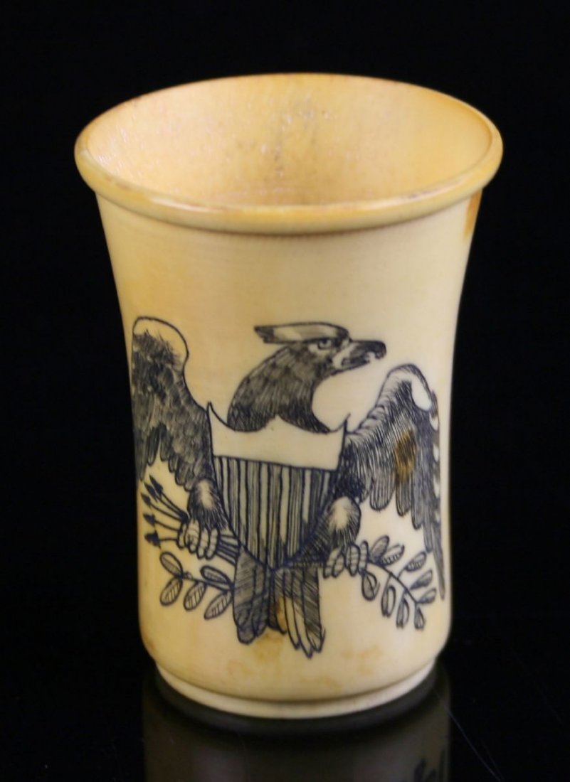 2 9/16" Shot Cup: Interesting Drinking glass made from bone with engraved eagle with plaque. Really neat!