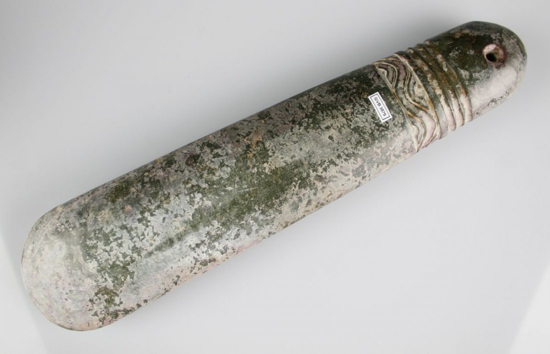 13 1/2" Chinese Jade Axe: Large example with fluted poll and wavy engraved lines.