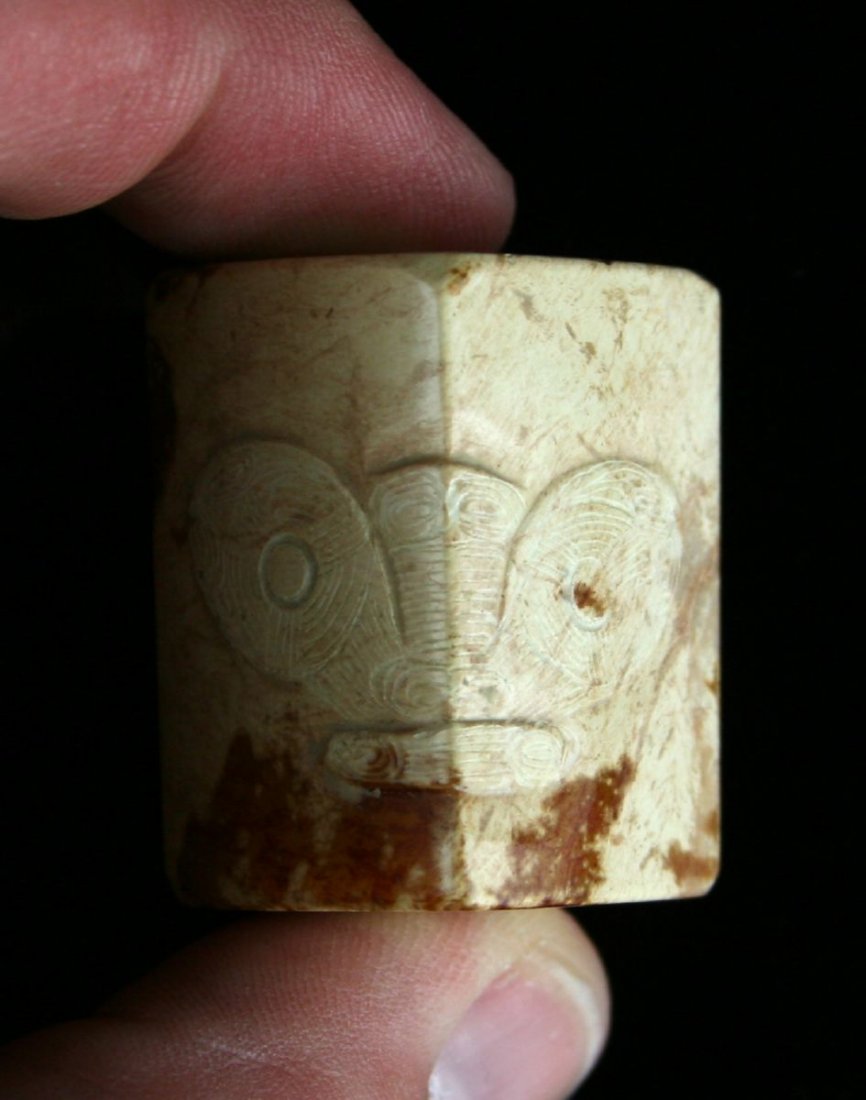 1 7/16" Chinese Square Bead: Exact age unknown. Relief carved and well patinated stone.