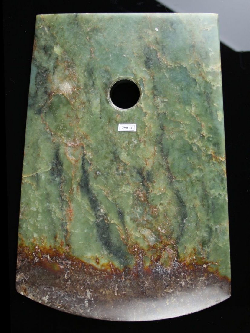 10 3/16" Chinese Liangshu Axe: Exact age unknown. Very pretty green jade example. HUGE!