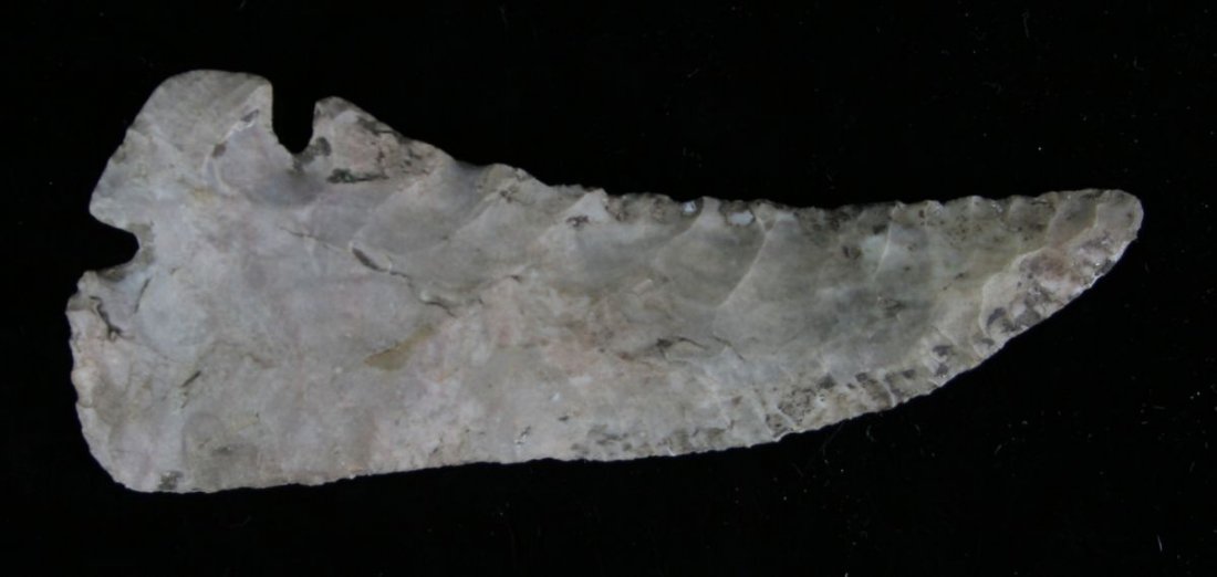 *Repro - 4" Corner Tang Knife: Reproduction example in Edwards Plateau Chert. Displays well.