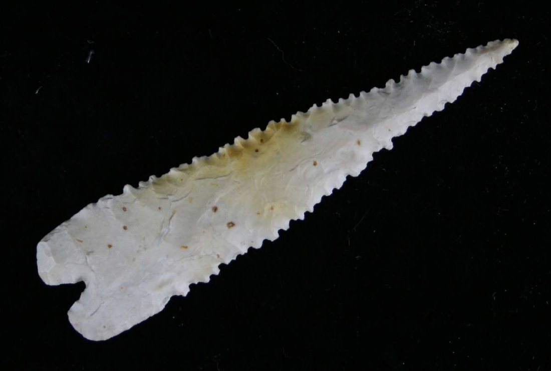 *Repro 4 3/8" Serrated Montell: Edwards Platea Chert. Reproduction.
