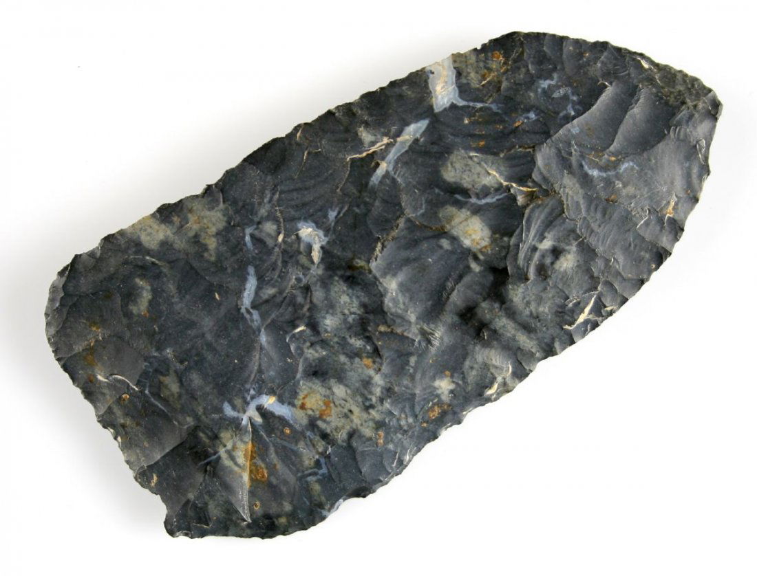 4" Cobbs Knife: Coshocton Flint example. Nice archaic flaking, Found on the J.N. Main Farm on Ridge North of Hog Creek straight North of Ada. Gave Dick Main 10 cents for it - Ohio Ex - Russell Long Collection 11