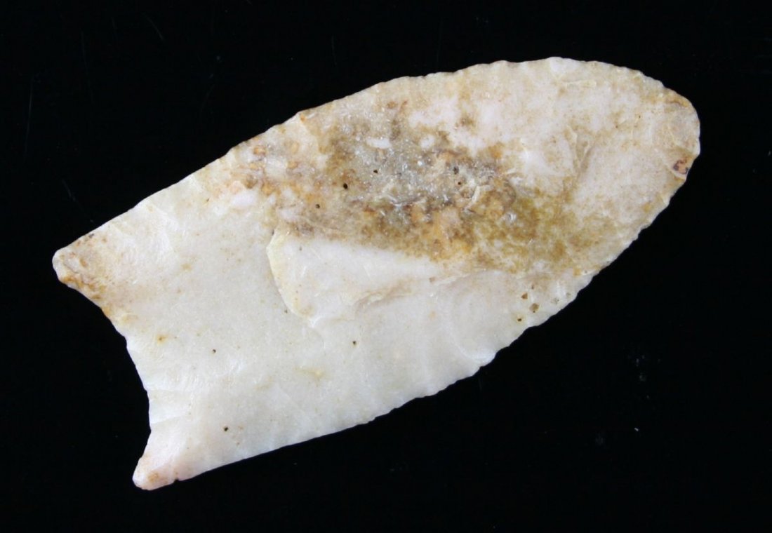 2 3/8" Clovis - Jackson G-9 COA: Extremely high-grade translucent Chalcedony. Fluted to the tip on one side. Found in Weld Co., Colorado. Jackson G-9 COA.