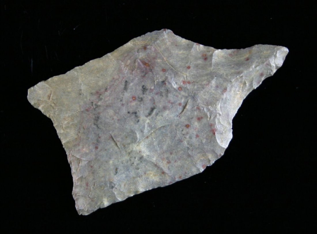 1 7/8" Plainview Drill: Gray chert example with red speckles. Pretty! Found near the Sandhills, Northwest of Monahans 1899 - Texas Ex - Russell Long Collection T146/2