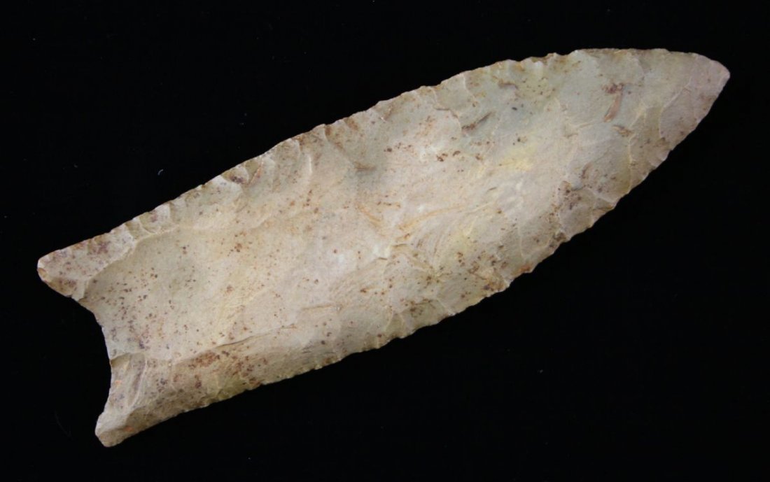 Fabulous 'G-10' 4 1/4" Clovis - Stermer COA: Tremendous size, flaking, and condition. Brown fossil chert example (most likely Fort Payne) from Rowan Co., Kentucky with great feathering/tapering flutes on both sides. Ex - Paul Shelton Collection.
