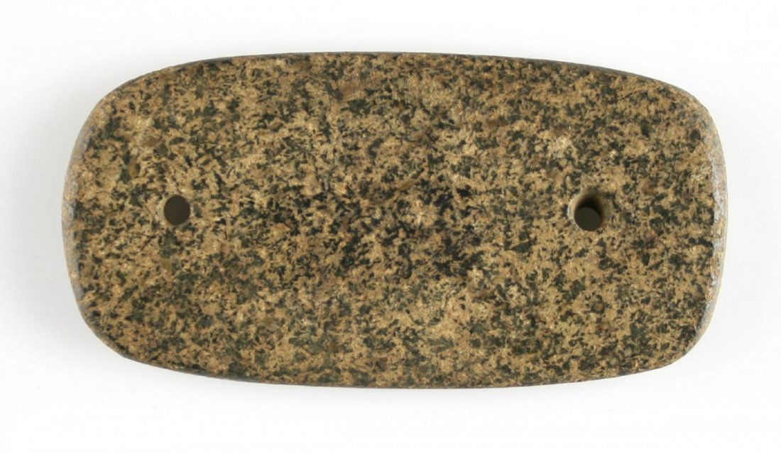3 3/8" Hopewell Hardstone Gorget: Granite example with textbook weathering and mineralization. Super Nice! Rare! Dean Driscol got this piece from his neighbor who found it in his garden Dola, Ohio 1972 Ex - Russell Long Collection